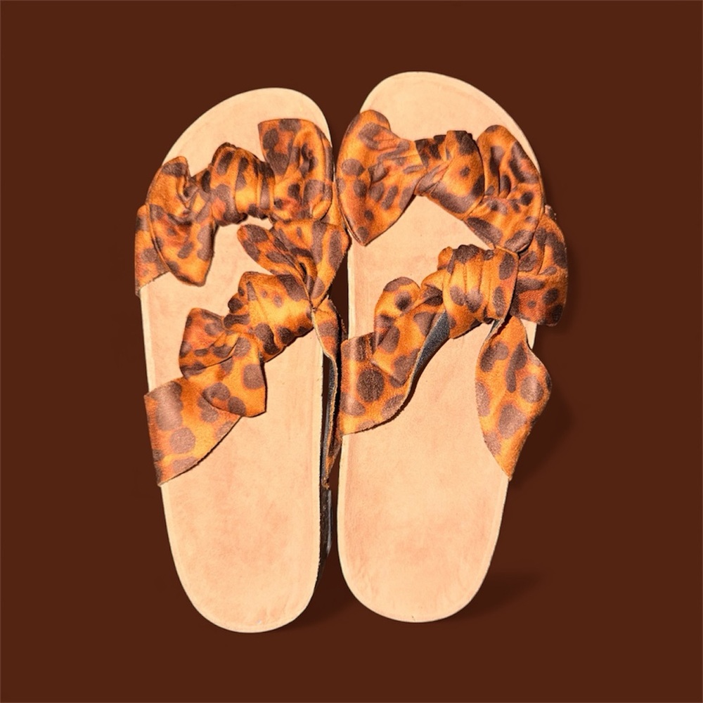 Leopard Print Bow Slide Sandals